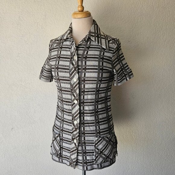 Vintage 70s Brown Gray Plaid Double Knit Polyester Tunic Top Shirt Pockets S/M - Picture 1 of 7
